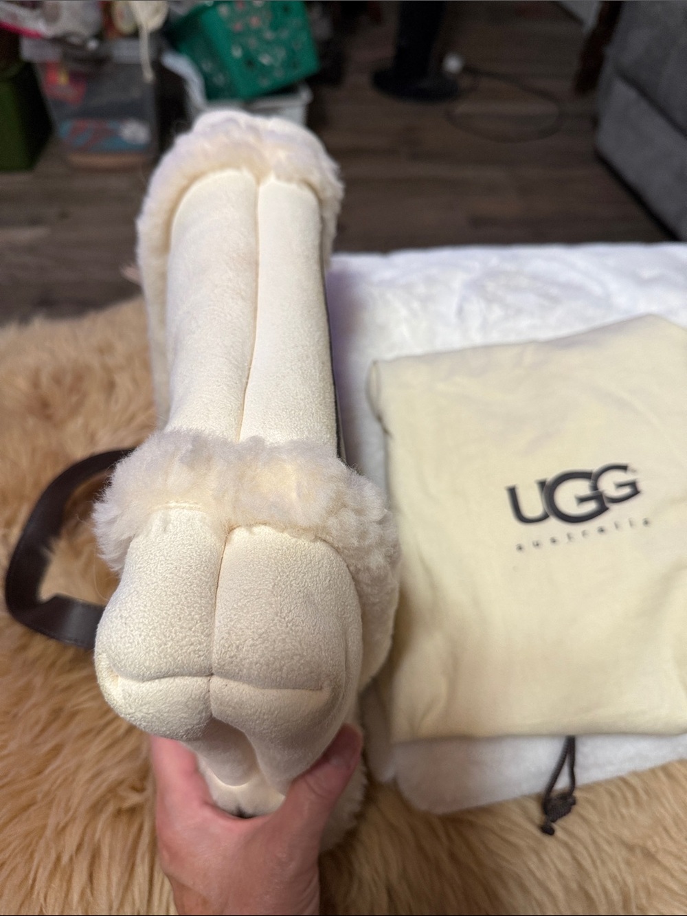 UGG Australia Tote Bag Fur Trimmed, Cream Color Suede w/ Brown Leather Front - Picture 5 of 10